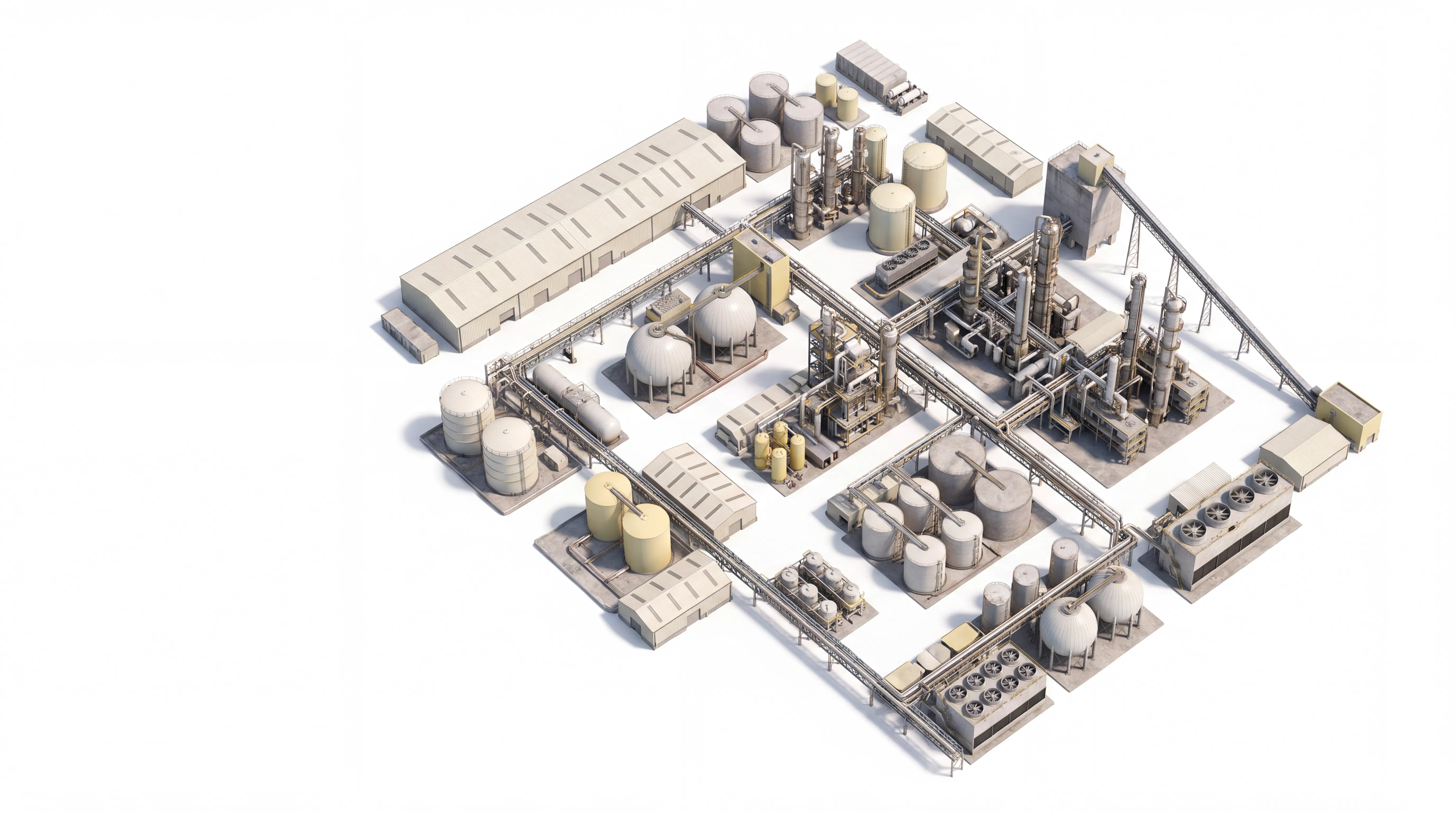 Isometric view of an industrial facility, with its buildings, storage tanks and connected infrastructure.